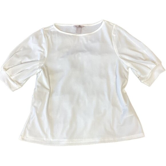 H&M Plain White Short/Half Balloon Sleeve Stretchy Top Sz M #87L - Picture 1 of 8